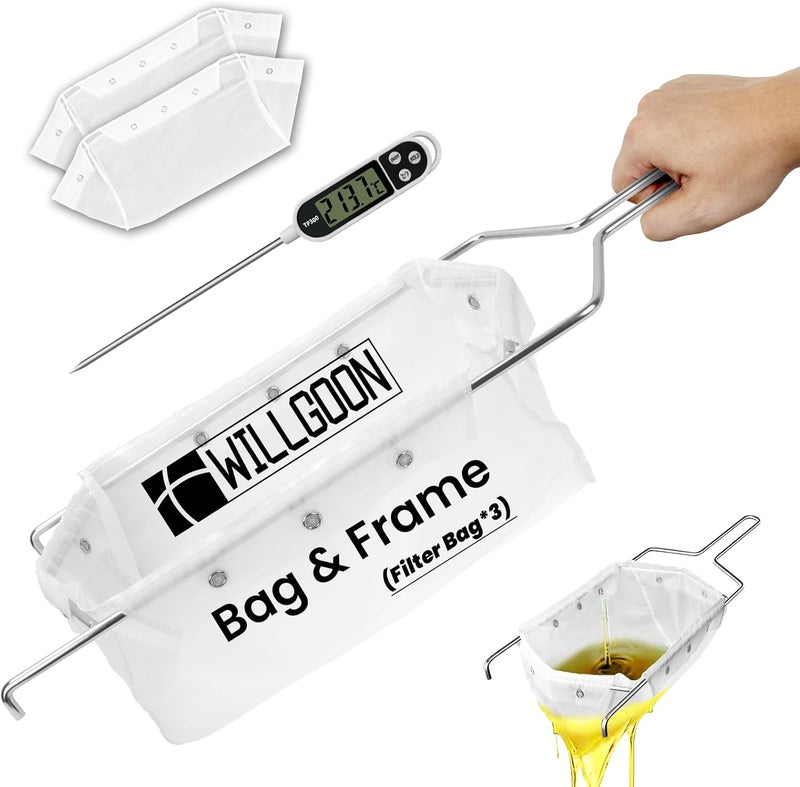 Willgoon Fryer Filter Bag & Frame Set, Reusable Oil Strainer for 70 lb Cooking Oil, Fine Mesh to Capture Crumbs, Durable for Home & Commercial Use, with 1 Professional Food Thermometer - Image 1